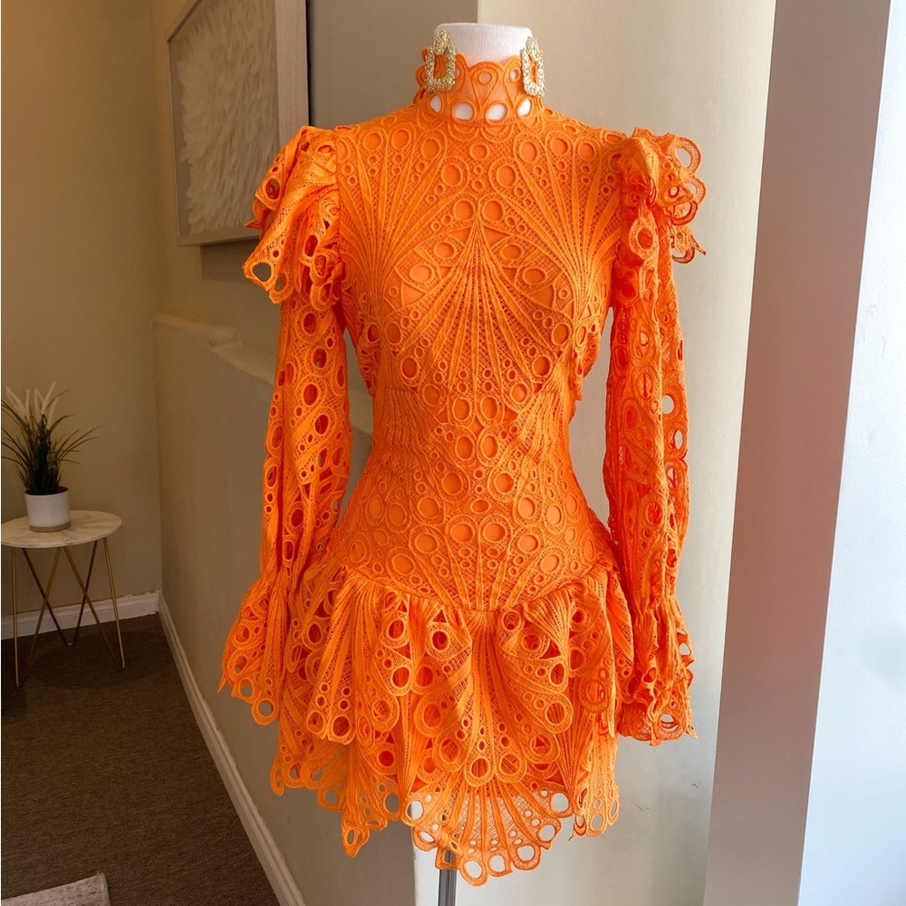 Orange Crotchet Lace Dress with Bell Sleeves